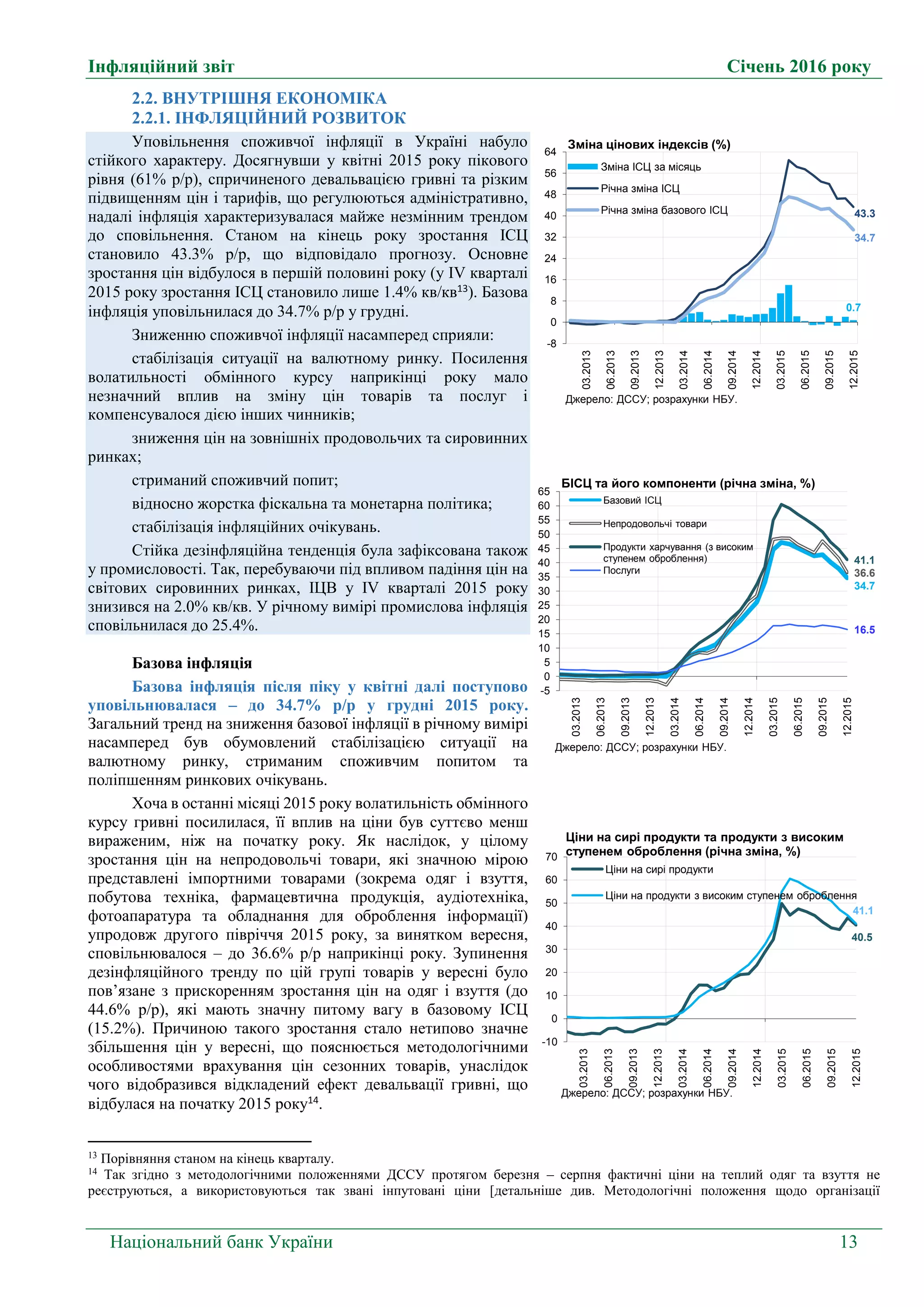 Інфляційний звіт Січень 2016 року
Національний банк України 13
2.2. ВНУТРІШНЯ ЕКОНОМІКА
2.2.1. ІНФЛЯЦІЙНИЙ РОЗВИТОК
Уповільнення споживчої інфляції в Україні набуло
стійкого характеру. Досягнувши у квітні 2015 року пікового
рівня (61% р/р), спричиненого девальвацією гривні та різким
підвищенням цін і тарифів, що регулюються адміністративно,
надалі інфляція характеризувалася майже незмінним трендом
до сповільнення. Станом на кінець року зростання ІСЦ
становило 43.3% р/р, що відповідало прогнозу. Основне
зростання цін відбулося в першій половині року (у IV кварталі
2015 року зростання ІСЦ становило лише 1.4% кв/кв13
). Базова
інфляція уповільнилася до 34.7% р/р у грудні.
Зниженню споживчої інфляції насамперед сприяли:
стабілізація ситуації на валютному ринку. Посилення
волатильності обмінного курсу наприкінці року мало
незначний вплив на зміну цін товарів та послуг і
компенсувалося дією інших чинників;
зниження цін на зовнішніх продовольчих та сировинних
ринках;
стриманий споживчий попит;
відносно жорстка фіскальна та монетарна політика;
стабілізація інфляційних очікувань.
Стійка дезінфляційна тенденція була зафіксована також
у промисловості. Так, перебуваючи під впливом падіння цін на
світових сировинних ринках, ІЦВ у IV кварталі 2015 року
знизився на 2.0% кв/кв. У річному вимірі промислова інфляція
сповільнилася до 25.4%.
Базова інфляція
Базова інфляція після піку у квітні далі поступово
уповільнювалася – до 34.7% р/р у грудні 2015 року.
Загальний тренд на зниження базової інфляції в річному вимірі
насамперед був обумовлений стабілізацією ситуації на
валютному ринку, стриманим споживчим попитом та
поліпшенням ринкових очікувань.
Хоча в останні місяці 2015 року волатильність обмінного
курсу гривні посилилася, її вплив на ціни був суттєво менш
вираженим, ніж на початку року. Як наслідок, у цілому
зростання цін на непродовольчі товари, які значною мірою
представлені імпортними товарами (зокрема одяг і взуття,
побутова техніка, фармацевтична продукція, аудіотехніка,
фотоапаратура та обладнання для оброблення інформації)
упродовж другого півріччя 2015 року, за винятком вересня,
сповільнювалося – до 36.6% р/р наприкінці року. Зупинення
дезінфляційного тренду по цій групі товарів у вересні було
пов’язане з прискоренням зростання цін на одяг і взуття (до
44.6% р/р), які мають значну питому вагу в базовому ІСЦ
(15.2%). Причиною такого зростання стало нетипово значне
збільшення цін у вересні, що пояснюється методологічними
особливостями врахування цін сезонних товарів, унаслідок
чого відобразився відкладений ефект девальвації гривні, що
відбулася на початку 2015 року14.
13
Порівняння станом на кінець кварталу.
14
Так згідно з методологічними положеннями ДССУ протягом березня – серпня фактичні ціни на теплий одяг та взуття не
реєструються, а використовуються так звані інпутовані ціни [детальніше див. Методологічні положення щодо організації
41.1
-10
0
10
20
30
40
50
60
70
03.2013
06.2013
09.2013
12.2013
03.2014
06.2014
09.2014
12.2014
03.2015
06.2015
09.2015
12.2015
Ціни на сирі продукти
Ціни на продукти з високим ступенем оброблення
Джерело: ДССУ; розрахунки НБУ.
Ціни на сирі продукти та продукти з високим
ступенем оброблення (річна зміна, %)
40.5
34.7
36.6
41.1
16.5
-5
0
5
10
15
20
25
30
35
40
45
50
55
60
65
03.2013
06.2013
09.2013
12.2013
03.2014
06.2014
09.2014
12.2014
03.2015
06.2015
09.2015
12.2015
БІСЦ та його компоненти (річна зміна, %)
Базовий ІСЦ
Непродовольчі товари
Продукти харчування (з високим
ступенем оброблення)
Послуги
Джерело: ДCCУ; розрахунки НБУ.
0.7
43.3
34.7
-8
0
8
16
24
32
40
48
56
64
03.2013
06.2013
09.2013
12.2013
03.2014
06.2014
09.2014
12.2014
03.2015
06.2015
09.2015
12.2015
Зміна цінових індексів (%)
Зміна ІСЦ за місяць
Річна зміна ІСЦ
Річна зміна базового ІСЦ
Джерело: ДССУ; розрахунки НБУ.
 