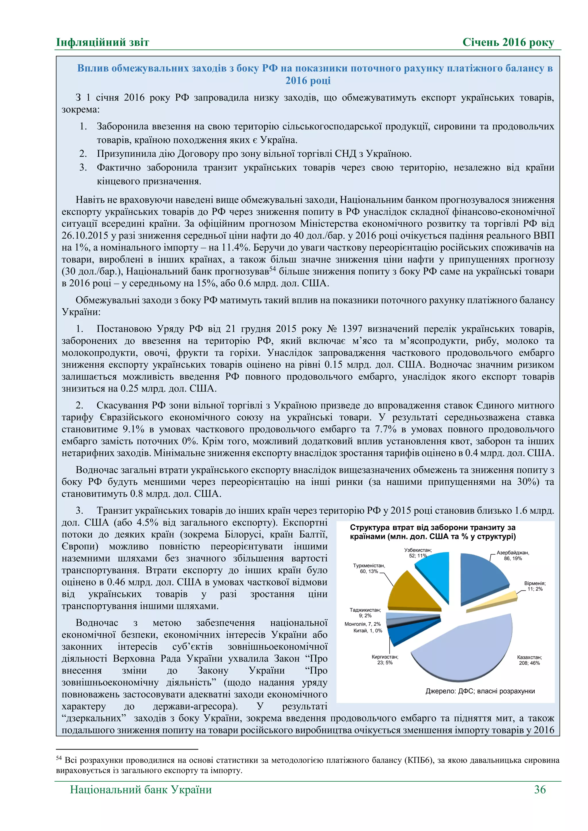 Інфляційний звіт Січень 2016 року
Національний банк України 36
Вплив обмежувальних заходів з боку РФ на показники поточного рахунку платіжного балансу в
2016 році
З 1 січня 2016 року РФ запровадила низку заходів, що обмежуватимуть експорт українських товарів,
зокрема:
1. Заборонила ввезення на свою територію сільськогосподарської продукції, сировини та продовольчих
товарів, країною походження яких є Україна.
2. Призупинила дію Договору про зону вільної торгівлі СНД з Україною.
3. Фактично заборонила транзит українських товарів через свою територію, незалежно від країни
кінцевого призначення.
Навіть не враховуючи наведені вище обмежувальні заходи, Національним банком прогнозувалося зниження
експорту українських товарів до РФ через зниження попиту в РФ унаслідок складної фінансово-економічної
ситуації всередині країни. За офіційним прогнозом Міністерства економічного розвитку та торгівлі РФ від
26.10.2015 у разі зниження середньої ціни нафти до 40 дол./бар. у 2016 році очікується падіння реального ВВП
на 1%, а номінального імпорту – на 11.4%. Беручи до уваги часткову переорієнтацію російських споживачів на
товари, вироблені в інших країнах, а також більш значне зниження ціни нафти у припущеннях прогнозу
(30 дол./бар.), Національний банк прогнозував54
більше зниження попиту з боку РФ саме на українські товари
в 2016 році – у середньому на 15%, або 0.6 млрд. дол. США.
Обмежувальні заходи з боку РФ матимуть такий вплив на показники поточного рахунку платіжного балансу
України:
1. Постановою Уряду РФ від 21 грудня 2015 року № 1397 визначений перелік українських товарів,
заборонених до ввезення на територію РФ, який включає м’ясо та м’ясопродукти, рибу, молоко та
молокопродукти, овочі, фрукти та горіхи. Унаслідок запровадження часткового продовольчого ембарго
зниження експорту українських товарів оцінено на рівні 0.15 млрд. дол. США. Водночас значним ризиком
залишається можливість введення РФ повного продовольчого ембарго, унаслідок якого експорт товарів
знизиться на 0.25 млрд. дол. США.
2. Скасування РФ зони вільної торгівлі з Україною призведе до впровадження ставок Єдиного митного
тарифу Євразійського економічного союзу на українські товари. У результаті середньозважена ставка
становитиме 9.1% в умовах часткового продовольчого ембарго та 7.7% в умовах повного продовольчого
ембарго замість поточних 0%. Крім того, можливий додатковий вплив установлення квот, заборон та інших
нетарифних заходів. Мінімальне зниження експорту внаслідок зростання тарифів оцінено в 0.4 млрд. дол. США.
Водночас загальні втрати українського експорту внаслідок вищезазначених обмежень та зниження попиту з
боку РФ будуть меншими через переорієнтацію на інші ринки (за нашими припущеннями на 30%) та
становитимуть 0.8 млрд. дол. США.
3. Транзит українських товарів до інших країн через територію РФ у 2015 році становив близько 1.6 млрд.
дол. США (або 4.5% від загального експорту). Експортні
потоки до деяких країн (зокрема Білорусі, країн Балтії,
Європи) можливо повністю переорієнтувати іншими
наземними шляхами без значного збільшення вартості
транспортування. Втрати експорту до інших країн було
оцінено в 0.46 млрд. дол. США в умовах часткової відмови
від українських товарів у разі зростання ціни
транспортування іншими шляхами.
Водночас з метою забезпечення національної
економічної безпеки, економічних інтересів України або
законних інтересів суб’єктів зовнішньоекономічної
діяльності Верховна Рада України ухвалила Закон “Про
внесення зміни до Закону України “Про
зовнішньоекономічну діяльність” (щодо надання уряду
повноважень застосовувати адекватні заходи економічного
характеру до держави-агресора). У результаті
“дзеркальних” заходів з боку України, зокрема введення продовольчого ембарго та підняття мит, а також
подальшого зниження попиту на товари російського виробництва очікується зменшення імпорту товарів у 2016
54
Всі розрахунки проводилися на основі статистики за методологією платіжного балансу (КПБ6), за якою давальницька сировина
вираховується із загального експорту та імпорту.
Азербайджан,
86, 19%
Вірменія;
11; 2%
Казахстан;
208; 46%
Киргизстан;
23; 5%
Китай, 1, 0%
Монголія, 7, 2%
Таджикистан;
9; 2%
Туркменістан,
60, 13%
Узбекистан;
52; 11%
Структура втрат від заборони транзиту за
країнами (млн. дол. США та % у структурі)
Джерело: ДФС; власні розрахунки
 