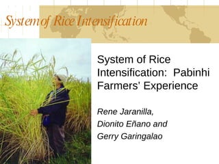 System of Rice Intensification  System of Rice Intensification:  Pabinhi Farmers’ Experience Rene Jaranilla,  Dionito Eñano and  Gerry Garingalao 