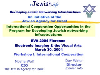 eJewish.info
   Developing Jewish Networking Infrastructures
              An initiative of the
            Jewish Agency for Israel
 International Cooperation Opportunities in the
   Program for Developing Jewish networking
                 Infrastructures
               EVA 2004 Florence
      Electronic Imaging  the Visual Arts
                 March 30, 2004
      Workshop I: International Cooperation

       Moshe Wolf                    Dov Winer
          CIO                        Director
The Jewish Agency for Israel         eJewish.info
 