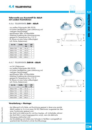 4.4       TELLERVENTILE

                                                                                                                   4.4




                                                                                                                   EIN- UND AUSLÄSSE
                           Tellerventile aus Kunststoff für Abluft
                           mit rundem Frontrahmen

                           4.4.6 TELLERVENTIL DAV – Abluft

                           - aus weißem Polypropylen (RAL 9010)
                           - mit hohem Ventilgehäuse, guter Luftströmung und
                              niedrigem Geräuschpegel
                           - geschlossener Teller, mit Klemmfeder
                           - stufenlose Einstellung des Luftvolumenstromes
                           - geeignet für Temperaturen bis +110 °C
                           - für Räume mit einer hohen Luftfeuchtigkeit
                             (z.B. Küche, Badezimmer)

                              Art.-Nr.    Größe     ØA      VPE
                                                    mm      St.
                            2062/100       100    141,0      1
                            2062/125       125    167,0      1
                            2062/150       150    202,0      1
                            2062/160       160    202,0      1
                            2062/200       200    240,3      1


                           4.4.7 TELLERVENTIL DAV-M – Abluft

                           - mit 24 V Elektromotor
                           - aus weißem Polypropylen (RAL 9010)
                           - mit hohem Ventilgehäuse, guter Luftströmung und
                             niedrigem Geräuschpegel
                           - geschlossener Teller, mit Klemmfeder
                           - stufenlose Einstellung des Luftvolumenstromes
                           - geeignet für Temperaturen bis +110 °C
                           - für Räume mit einer hohen Luftfeuchtigkeit
                             (z.B. Küche, Badezimmer)
                              Art.-Nr.    Größe     ØA      VPE
                                                    mm      St.
                            2063/100       100    141,0      1
                            2063/125       125    167,0      1
                            2063/150       150    202,0      1
                            2063/160       160    202,0      1
                            2063/200       200    240,3      1



                           Verarbeitung + Montage:

                           - das Tellerventil ist für Bade- und Duschräume geeignet in denen eine zentrale
Alle Angaben ohne Gewähr




                             Abluft installiert ist. Es ist mit einem 24 VEC Elektromotor ausgestattet der über
                             einen Transformator gesteuert wird.
                           - das Ventil wird mittels eines Ein- und Aus- Impulses, z.B. Lichtschalter, aktiviert
                           - das Ventil fährt in seine Ausgangsposition zurück, wenn die elektrische
                             Versorgung unterbrochen wird
                           - die Grundstellung wird mittels einer Schraube im Ventilkern voreingestellt ent-
                             sprechend dem Druckverlust und der Durchflussmenge
 