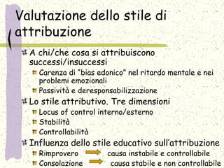 Valutazione dello stile di
attribuzione
A chi/che cosa si attribuiscono
successi/insuccessi
Carenza di “bias edonico” nel ritardo mentale e nei
problemi emozionali
Passività e deresponsabilizzazione
Lo stile attributivo. Tre dimensioni
Locus of control interno/esterno
Stabilità
Controllabilità
Influenza dello stile educativo sull’attribuzione
Rimprovero causa instabile e controllabile
Consolazione causa stabile e non controllabile
 