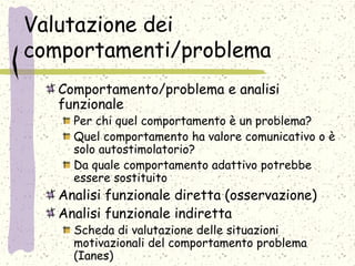 Valutazione dei
comportamenti/problema
Comportamento/problema e analisi
funzionale
Per chi quel comportamento è un problema?
Quel comportamento ha valore comunicativo o è
solo autostimolatorio?
Da quale comportamento adattivo potrebbe
essere sostituito
Analisi funzionale diretta (osservazione)
Analisi funzionale indiretta
Scheda di valutazione delle situazioni
motivazionali del comportamento problema
(Ianes)
 