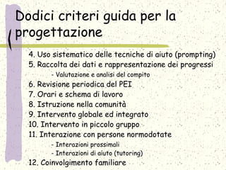 Dodici criteri guida per la
progettazione
4. Uso sistematico delle tecniche di aiuto (prompting)
5. Raccolta dei dati e rappresentazione dei progressi
- Valutazione e analisi del compito
6. Revisione periodica del PEI
7. Orari e schema di lavoro
8. Istruzione nella comunità
9. Intervento globale ed integrato
10. Intervento in piccolo gruppo
11. Interazione con persone normodotate
- Interazioni prossimali
- Interazioni di aiuto (tutoring)
12. Coinvolgimento familiare
 