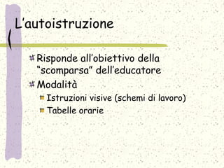 L’autoistruzione
Risponde all’obiettivo della
“scomparsa” dell’educatore
Modalità
Istruzioni visive (schemi di lavoro)
Tabelle orarie
 