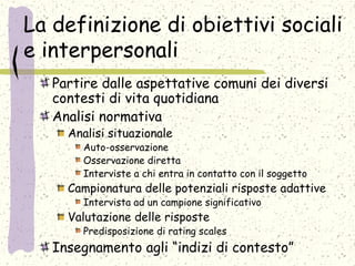 La definizione di obiettivi sociali
e interpersonali
Partire dalle aspettative comuni dei diversi
contesti di vita quotidiana
Analisi normativa
Analisi situazionale
Auto-osservazione
Osservazione diretta
Interviste a chi entra in contatto con il soggetto
Campionatura delle potenziali risposte adattive
Intervista ad un campione significativo
Valutazione delle risposte
Predisposizione di rating scales
Insegnamento agli “indizi di contesto”
 
