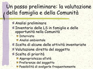 Un passo preliminare: la valutazione
della famiglia e della Comunità
Analisi preliminare
Inventario delle LS in famiglia e delle
opportunità nella Comunità
Intervista
Analisi ambientale
Scelta di alcune delle attività inventariate
Valutazione diretta del soggetto
Scelta di priorità
Appropriatezza all’età
Preferenze del soggetto
Possibilità di svolgerle frequentemente
 