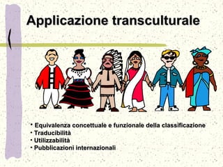 Applicazione transculturaleApplicazione transculturale
• Equivalenza concettuale e funzionale della classificazioneEquivalenza concettuale e funzionale della classificazione
• TraducibilitàTraducibilità
• UtilizzabilitàUtilizzabilità
• Pubblicazioni internazionaliPubblicazioni internazionali
 