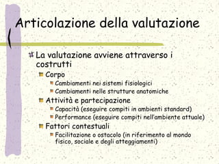 Articolazione della valutazione
La valutazione avviene attraverso i
costrutti
Corpo
Cambiamenti nei sistemi fisiologici
Cambiamenti nelle strutture anatomiche
Attività e partecipazione
Capacità (eseguire compiti in ambienti standard)
Performance (eseguire compiti nell’ambiente attuale)
Fattori contestuali
Facilitazione o ostacolo (in riferimento al mondo
fisico, sociale e degli atteggiamenti)
 