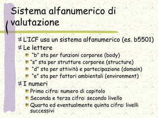 Sistema alfanumerico di
valutazione
L’ICF usa un sistema alfanumerico (es. b5501)
Le lettere
“b” sta per funzioni corporee (body)
“s” sta per strutture corporee (structure)
“d” sta per attività e partecipazione (domain)
“e” sta per fattori ambientali (environment)
I numeri
Prima cifra: numero di capitolo
Seconda e terza cifra: secondo livello
Quarta ed eventualmente quinta cifra: livelli
successivi
 
