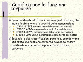 Codifica per le funzioni
corporee
Sono codificate attraverso un solo qualificatore, che
indica l’estensione o la gravità della menomazione
b7302.1 LIEVE menomazione della forza dei muscoli
b7302.2 MEDIA menomazione della forza dei muscoli
b7302.3 GRAVE menomazione della forza dei muscoli
b7302.4 COMPLETA menomazione della forza dei muscoli
Essendo le due classificazioni parallele, quando viene
utilizzata una funzione corporea dovrebbe essere
codificata anche la corrispondente struttura
corporea
 