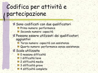 Codifica per attività e
partecipazione
Sono codificati con due qualificatori
Primo numero: performance
Secondo numero: capacità
Possono essere utilizzati dei qualificatori
aggiuntivi
Terzo numero: capacità con assistenza
Quarto numero: performance senza assistenza
Scala utilizzata
0 nessuna difficoltà
1 difficoltà lieve
2 difficoltà media
3 difficoltà grave
4 difficoltà completa
 