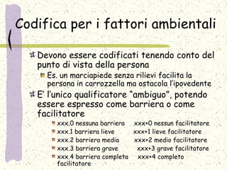 Codifica per i fattori ambientali
Devono essere codificati tenendo conto del
punto di vista della persona
Es. un marciapiede senza rilievi facilita la
persona in carrozzella ma ostacola l’ipovedente
E’ l’unico qualificatore “ambiguo”, potendo
essere espresso come barriera o come
facilitatore
xxx.0 nessuna barriera xxx+0 nessun facilitatore
xxx.1 barriera lieve xxx+1 lieve facilitatore
xxx.2 barriera media xxx+2 medio facilitatore
xxx.3 barriera grave xxx+3 grave facilitatore
xxx.4 barriera completa xxx+4 completo
facilitatore
 