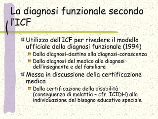 La diagnosi funzionale secondo
l’ICF
Utilizzo dell’ICF per rivedere il modello
ufficiale della diagnosi funzionale (1994)
Dalla diagnosi-destino alla diagnosi-conoscenza
Dalla diagnosi del medico alla diagnosi
dell’insegnante e del familiare
Messa in discussione della certificazione
medica
Dalla certificazione della disabilità
(conseguenza di malattia – cfr. ICIDH) alla
individuazione del bisogno educativo speciale
 