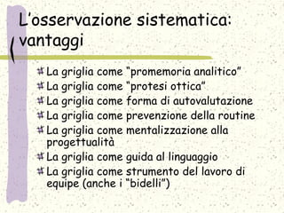 L’osservazione sistematica:
vantaggi
La griglia come “promemoria analitico”
La griglia come “protesi ottica”
La griglia come forma di autovalutazione
La griglia come prevenzione della routine
La griglia come mentalizzazione alla
progettualità
La griglia come guida al linguaggio
La griglia come strumento del lavoro di
equipe (anche i “bidelli”)
 