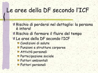 Le aree della DF secondo l’ICF
Rischio di perdersi nel dettaglio: la persona
è intera!
Rischio di fermare il fluire del tempo
Le aree della DF secondo l’ICF
Condizioni di salute
Funzioni e strutture corporee
Attività personali
Partecipazione sociale
Fattori ambientali
Fattori personali
 