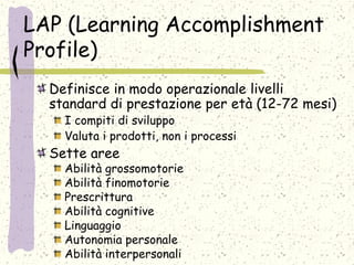 LAP (Learning Accomplishment
Profile)
Definisce in modo operazionale livelli
standard di prestazione per età (12-72 mesi)
I compiti di sviluppo
Valuta i prodotti, non i processi
Sette aree
Abilità grossomotorie
Abilità finomotorie
Prescrittura
Abilità cognitive
Linguaggio
Autonomia personale
Abilità interpersonali
 
