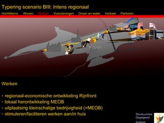 Typering scenario BIII: Intens regionaal
Hoofditems:   Wonen    Werken   Voorzieningen   Groen en water   Verkeer   Parkeren




Werken

-   regionaal-economische ontwikkeling Rijnfront
-   lokaal herontwikkeling MEOB
-   uitplaatsing kleinschalige bedrijvigheid (>MEOB)
-   stimuleren/faciliteren werken aan/in huis                                         Structuurvisie
    Inbo Adviseurs Stedenbouwkundigen Architecten                                     Oegstgeest
 