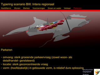 Typering scenario BIII: Intens regionaal
Hoofditems:   Wonen   Werken   Voorzieningen   Groen en water   Verkeer   Parkeren




Parkeren

- omvang: sterk groeiende parkeervraag (zowel woon- als
  detailhandel- gerelateerd)
- locatie: sterk geconcentreerde vraag
- vorm: (hoofdzakelijk) in gebouwde vorm, is relatief dure oplossing
                                                                   Structuurvisie
 Inbo Adviseurs Stedenbouwkundigen Architecten                                       Oegstgeest
 