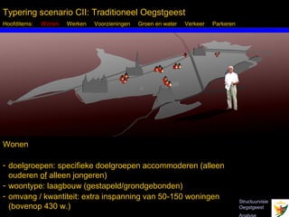Typering scenario CII: Traditioneel Oegstgeest
Hoofditems:   Wonen   Werken   Voorzieningen   Groen en water   Verkeer   Parkeren




Wonen

- doelgroepen: specifieke doelgroepen accommoderen (alleen
  ouderen of alleen jongeren)
- woontype: laagbouw (gestapeld/grondgebonden)
- omvang / kwantiteit: extra inspanning van 50-150 woningen
                                                                                     Structuurvisie
  (bovenop 430 w.)
  Inbo Adviseurs Stedenbouwkundigen Architecten                                      Oegstgeest
 