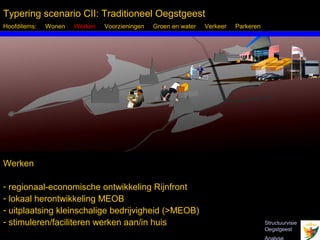 Typering scenario CII: Traditioneel Oegstgeest
Hoofditems:   Wonen   Werken   Voorzieningen   Groen en water   Verkeer   Parkeren




Werken

- regionaal-economische ontwikkeling Rijnfront
- lokaal herontwikkeling MEOB
- uitplaatsing kleinschalige bedrijvigheid (>MEOB)
- stimuleren/faciliteren werken aan/in huis                                          Structuurvisie
 Inbo Adviseurs Stedenbouwkundigen Architecten                                       Oegstgeest
 