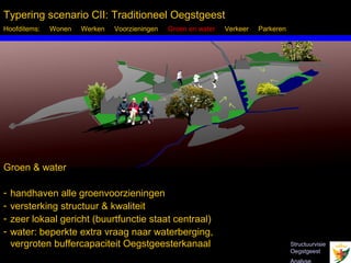Typering scenario CII: Traditioneel Oegstgeest
Hoofditems:   Wonen    Werken   Voorzieningen   Groen en water   Verkeer   Parkeren




Groen & water

-   handhaven alle groenvoorzieningen
-   versterking structuur & kwaliteit
-   zeer lokaal gericht (buurtfunctie staat centraal)
-   water: beperkte extra vraag naar waterberging,
    vergroten buffercapaciteit Oegstgeesterkanaal                                     Structuurvisie
    Inbo Adviseurs Stedenbouwkundigen Architecten                                     Oegstgeest
 