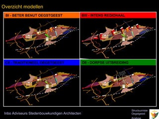 Overzicht modellen
 BI - BETER BENUT OEGSTGEEST                     BIII - INTENS REGIONAAL




 CII - TRADITIONEEL OEGSTGEEST                   DII - DORPSE UITBREIDING




                                                                            Structuurvisie
 Inbo Adviseurs Stedenbouwkundigen Architecten                              Oegstgeest
 