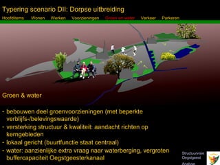 Typering scenario DII: Dorpse uitbreiding
Hoofditems:   Wonen   Werken   Voorzieningen   Groen en water   Verkeer   Parkeren




Groen & water

- bebouwen deel groenvoorzieningen (met beperkte
  verblijfs-/belevingswaarde)
- versterking structuur & kwaliteit: aandacht richten op
  kerngebieden
- lokaal gericht (buurtfunctie staat centraal)
- water: aanzienlijke extra vraag naar waterberging, vergroten                       Structuurvisie
  buffercapaciteit Oegstgeesterkanaal
  Inbo Adviseurs Stedenbouwkundigen Architecten                                      Oegstgeest
 