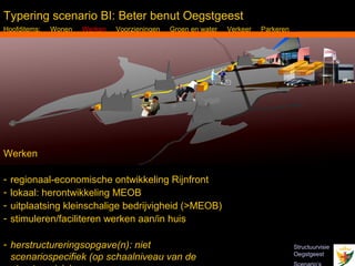Typering scenario BI: Beter benut Oegstgeest
Hoofditems:   Wonen   Werken   Voorzieningen   Groen en water   Verkeer   Parkeren




Werken

-   regionaal-economische ontwikkeling Rijnfront
-   lokaal: herontwikkeling MEOB
-   uitplaatsing kleinschalige bedrijvigheid (>MEOB)
-   stimuleren/faciliteren werken aan/in huis

- herstructureringsopgave(n): niet                                                   Structuurvisie
  Inbo Adviseurs Stedenbouwkundigen Architecten                                      Oegstgeest
  scenariospecifiek (op schaalniveau van de
 