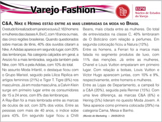 Varejo Fashion
C&A, Nike e Hering estão entre as mais lembradas da moda no Brasil
O estudo foi realizado em janeiro e ouviu 2.163 homens   Beans, mais citada entre as mulheres. Do total
e mulheres das classes A, B e C, com 18 anos ou mais,    de entrevistados na classe C, 40% lembraram
das cinco regiões brasileiras. Quando questionados       de O Boticário com relação a perfumes. Em
sobre marcas de tênis, 40% dos ouvidos citaram a         segunda colocação ficou a Natura (12%).
Nike. A Adidas aparece em segundo lugar, com 20%         Entre os homens, a Ferrari foi a marca mais
das lembranças. Na categoria calçados em geral, a        falada no segmento produtos de luxo, com
Arezzo foi a mais lembradea, seguida também pela         11% das menções. Já entre as mulheres,
Nike, com 16% e pela Adidas, com 10% do total.           Chanel e Louis Vuitton empataram em primeiro
No assunto Moda Infantil, o destaque ficou com           lugar. Com relação a bolsas, Louis Vuitton e
o Grupo Marisol, seguido pela Lilica Ripilica em         Victor Hugo aparecem juntas, com 10% e 9%,
artigos femininos (21%) e Tigor T. Tigre (8%) nos        respectivamente, entre homens e mulheres.
masculinos. Já em moda masculina, a Calvin Klein         Entre as Lojas de Departamento, a campeã foi
surge em primeiro lugar entre os consumidores            a C&A (20%), seguida pela Renner (15%). Com
de 15 a 24 anos, com 8% das lembranças.                  uma leve diferença, as marcas C&A (6%) e
A Ray-Ban foi a mais lembrada entre as marcas            Hering (5%) lideram no quesito Moda Jovem. A
de óculos de sol, com 32% dos votos. Entre as            Teka aparece como primeira colocada (29%) na
pessoas com mais de 40 anos, o índice sobe               categoria Cama, Mesa e Banho.
para 43%. Em segundo lugar ficou a Chilli                (Mundo do Marketing – 29/05/2012)
 