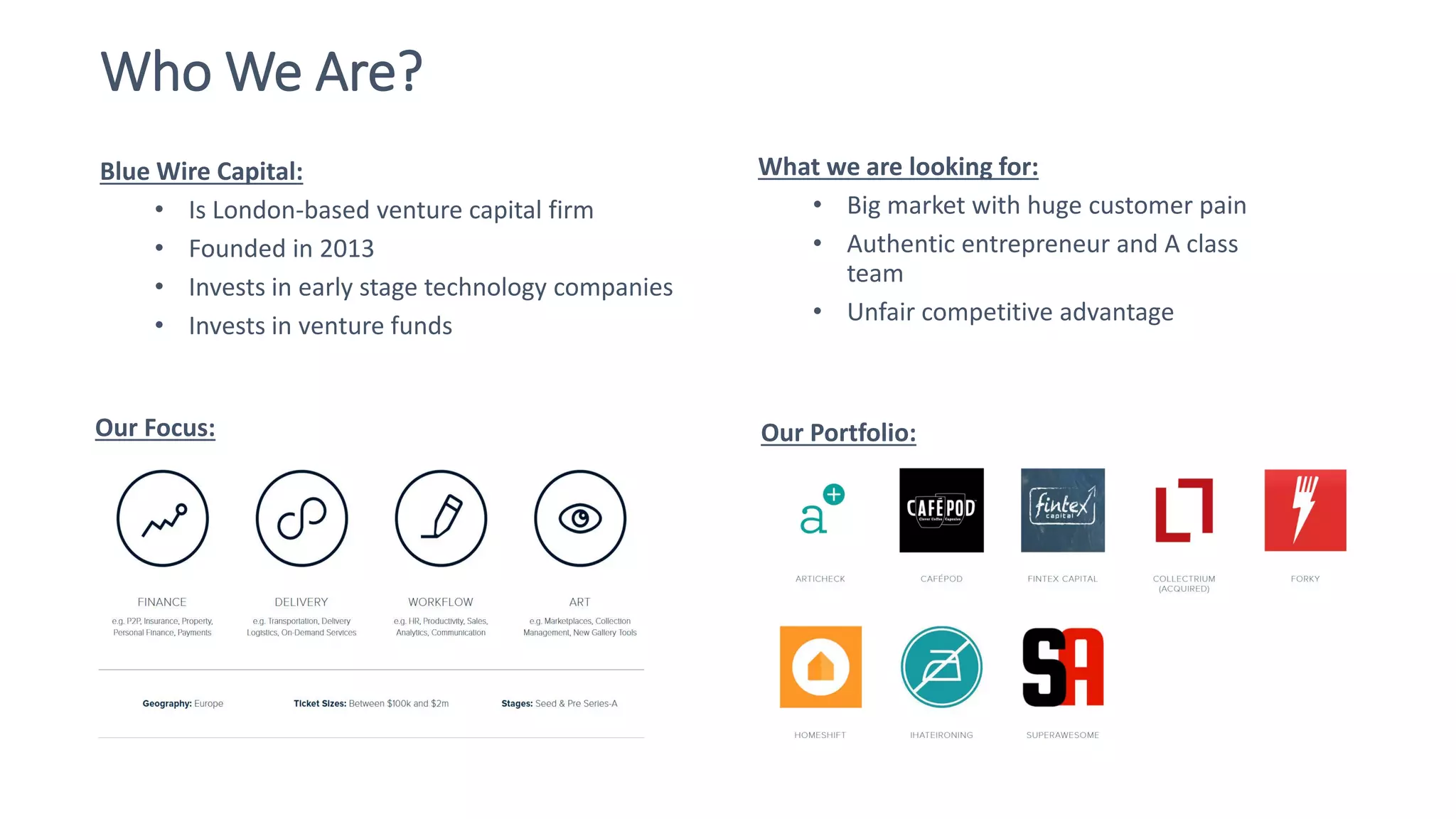 Who We Are?
Blue Wire Capital:
• Is London-based venture capital firm
• Founded in 2013
• Invests in early stage technology companies
• Invests in venture funds
What we are looking for:
• Big market with huge customer pain
• Authentic entrepreneur and A class
team
• Unfair competitive advantage
Our Focus: Our Portfolio:
 