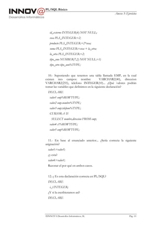 PL/SQL Básico
                                                    Anexo 3: Ejercicios




   id_externo INTEGER(4) NOT NULL;
   cosa PLS_INTEGER:=2;
   producto PLS_INTEGER:=2*cosa;
   suma PLS_INTEGER:=cosa + la_otra;
   la_otra PLS_INTEGER:=2;
   tipo_uno NUMBER(7,2) NOT NULL:=3;
   tipo_otro tipo_uno%TYPE;


  10.- Suponiendo que tenemos una tabla llamada EMP, en la cual
existen tres campos: nombre                 VARCHAR2(40), direccion
VARCHAR2(255), telefono INTEGER(10)... ¿Qué valores podrán
tomar las variables que definimos en la siguiente declaración?
  DECLARE
   valor1 emp%ROWTYPE;
   valor2 emp.nombre%TYPE;
   valor3 emp.telefono%TYPE;
   CURSOR c1 IS
     SELECT nombre,direccion FROM emp;
   valor4 c1%ROWTYPE;
   valor5 emp%ROWTYPE;


  11.- En base al enunciado anterior... ¿Sería correcta la siguiente
asignación?
  valor1:=valor5;
  ¿y esta?
  valor4:=valor1;
  Razonar el por qué en ambos casos.


  12.-¿ Es esta declaración correcta en PL/SQL?
  DECLARE
   i, j INTEGER;
  ¿Y si la escribieramos así?
  DECLARE




INNOVA Desarrollos Informáticos, SL                            Pág. 101
 