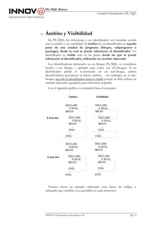 PL/SQL Básico
                                                 Unidad 4: Introducción a PL/SQL




1.4   Ámbito y Visibilidad
        En PL/SQL, las referencias a un identificador son resueltas acorde
      con su ámbito y su visibilidad. El ámbito de un identificador es aquella
      parte de una unidad de programa (bloque, subprograma o
      package), desde la cual se puede referenciar al identificador. Un
      identificador es visible solo en las partes desde las que se puede
      referenciar al identificador, utilizando un nombre adecuado.
        Los identificadores declarados en un bloque PL/SQL, se consideran
      locales a ese bloque, y globales para todos sus sub-bloques. Si un
      identificador global es re-declarado en un sub-bloque, ambos
      identificadores pertenecen al mismo ámbito… sin embargo, en el sub-
      bloque, tan solo el identificador local es visible porque se debe utilizar un
      nombre adecuado (qualified), para referenciar al global.
        Con el siguiente gráfico, se entenderá bien el concepto:

                           Ámbito               Visibilidad


                        DECLARE                 DECLARE
                          X REAL;                 X REAL;
                        BEGIN                   BEGIN
                          ...                     ...
      X Exterior          DECLARE                 DECLARE
                              X REAL;                 X REAL;
                          BEGIN                   BEGIN
                              ...                     ...
                          END;                    END;
                          ...                     ...
                        END;                    END;

                        DECLARE                DECLARE
                          X REAL;                X REAL;
                        BEGIN                  BEGIN
                          ...                    ...
       X Interior         DECLARE                DECLARE
                              X REAL;                X REAL;
                          BEGIN                  BEGIN
                              ...                    ...
                          END;                   END;
                          ...                    ...
                        END;                   END;



        Veamos ahora un ejemplo utilizando unas líneas de código, e
      indicando que variables son accesibles en cada momento:




      INNOVA Desarrollos Informáticos, SL                                   Pág. 32
 