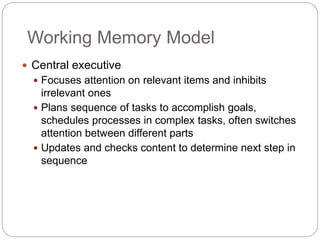 Working Memory Model
 Central executive
 Focuses attention on relevant items and inhibits
irrelevant ones
 Plans sequence of tasks to accomplish goals,
schedules processes in complex tasks, often switches
attention between different parts
 Updates and checks content to determine next step in
sequence
 