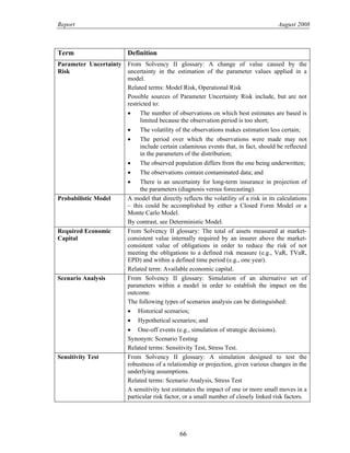 Report August 2008
Term Definition
Parameter Uncertainty
Risk
From Solvency II glossary: A change of value caused by the
uncertainty in the estimation of the parameter values applied in a
model.
Related terms: Model Risk, Operational Risk
Possible sources of Parameter Uncertainty Risk include, but are not
restricted to:
• The number of observations on which best estimates are based is
limited because the observation period is too short;
• The volatility of the observations makes estimation less certain;
• The period over which the observations were made may not
include certain calamitous events that, in fact, should be reflected
in the parameters of the distribution;
• The observed population differs from the one being underwritten;
• The observations contain contaminated data; and
• There is an uncertainty for long-term insurance in projection of
the parameters (diagnosis versus forecasting).
Probabilistic Model A model that directly reflects the volatility of a risk in its calculations
– this could be accomplished by either a Closed Form Model or a
Monte Carlo Model.
By contrast, see Deterministic Model.
Required Economic
Capital
From Solvency II glossary: The total of assets measured at market-
consistent value internally required by an insurer above the market-
consistent value of obligations in order to reduce the risk of not
meeting the obligations to a defined risk measure (e.g., VaR, TVaR,
EPD) and within a defined time period (e.g., one year).
Related term: Available economic capital.
Scenario Analysis From Solvency II glossary: Simulation of an alternative set of
parameters within a model in order to establish the impact on the
outcome.
The following types of scenarios analysis can be distinguished:
• Historical scenarios;
• Hypothetical scenarios; and
• One-off events (e.g., simulation of strategic decisions).
Synonym: Scenario Testing
Related terms: Sensitivity Test, Stress Test.
Sensitivity Test From Solvency II glossary: A simulation designed to test the
robustness of a relationship or projection, given various changes in the
underlying assumptions.
Related terms: Scenario Analysis, Stress Test
A sensitivity test estimates the impact of one or more small moves in a
particular risk factor, or a small number of closely linked risk factors.
66
 