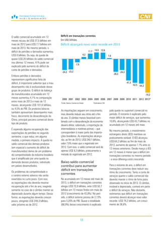 Ano 29, n. 02, abril/junho de 2013
11
O saldo comercial acumulado em 12
meses recuou de US$ 27,5 bilhões em
maio de 2012 para US$ 7,7 bilhões em
maio de 2013. No mesmo período, o
déficit de petróleo e derivados aumentou
US$ 8 bilhões. Ou seja, da queda de
quase US$ 20 bilhões do saldo comercial
nos últimos 12 meses, 41% pode ser
explicado pelo aumento do déficit da
conta de petróleo e derivados.
Embora petróleo e derivados
representem significativa fatia do
déficit, é importante salientar que o mau
desempenho não é exclusividade desse
grupo de produtos. O déficit da balança
de manufaturados acumulado em 12
meses aumentou 4,1% na comparação
entre maio de 2013 e maio de 12
meses, alcançando US$ 101,6 bilhões,
ou 4,5% do PIB. Os produtos básicos
também apresentam desempenho mais
fraco, decorrente da desaceleração da
China, principal parceiro comercial deste
tipo de produto.
É esperada alguma recuperação das
exportações de petróleo no segundo
semestre, o que reduz, em alguma
medida, o primeiro impacto. A queda no
saldo comercial dos demais produtos
(em especial o aumento do déficit de
manufaturados) deriva de um problema
de competitividade da indústria brasileira
que é amplificado por uma queda na
demanda desses produtos, sobretudo
em países desenvolvidos.
Os problemas de competitividade e
o cenário externo adverso não serão
revertidos no curto prazo. Com isso,
as exportações não deverão mostrar
recuperação até o fim do ano, reagindo
somente no caso de o câmbio manter-se
depreciado durante algum tempo. Dessa
forma, as exportações deverão crescer
pouco, atingindo US$ 249,3 bilhões,
valor próximo ao de 2012.
Déficit em transações correntes
Em US$ bilhões
Déficit alcançará novo valor recorde em 2013
As importações seguem em crescimento,
mas deverão reduzir seu ritmo até o fim
do ano. O câmbio menos favorável com-
binado com a desaceleração da economia
deverá afetar, sobretudo, a importação de
intermediários e matérias-primas – que
correspondem à maior parte das importa-
ções brasileiras. As importações alcança-
rão, ao fim de 2013, US$ 240,1 bilhões,
valor 7,6% maior que o registrado em
2012. Com isso, o saldo comercial será de
apenas US$ 9,2 bilhões, praticamente a
metade do registrado em 2012.
Baixo saldo comercial
contribui para aumentar
déficit em transações
correntes
No acumulado em 12 meses até maio de
2013, o déficit em transações correntes
atingiu US$ 72,9 bilhões, ante US$ 50,7
bilhões em 12 meses findos em maio de
2012 (crescimento de 43,8%). No perí-
odo, o déficit externo passou de 2,13%
para 3,20% do PIB. Quase a totalidade
(88,9%) desse crescimento é explicada
pela queda no superávit comercial no
período. O restante é explicado pelo
maior déficit de serviços, que aumentou
10,6%, alcançando US$ 43,7 bilhões no
acumulado em 12 meses até maio.
No mesmo período, o investimento
estrangeiro direto (IED) manteve-se
praticamente estável. O IED alcançou
US$ 64,2 bilhões ao fim de maio de
2013, aumento de apenas 1,1% ante os
12 meses anteriores. Desde março o IED
em 12 meses é menor que o déficit em
transações correntes no mesmo período
- e essa diferença está crescendo.
Para o restante do ano, o déficit em
transações correntes deve reduzir seu
ritmo de crescimento. Tanto a conta de
serviços quanto o saldo comercial não
deverão manter o ritmo de forte piora
observado no início de 2013. O câmbio,
instável e depreciado, conterá em parte
o déficit de serviços. Não obstante,
estimamos que déficit em transações
correntes deverá alcançar novo valor
recorde: US$ 74,2 bilhões, um cresci-
mento de 36,6%.
-24,2 -23,2
-7,6
4,2
11,7 14,0 13,6
1,6
-28,2
-24,3
-47,3
-52,5 -54,2
-74,2
2000 2001 2002 2003 2004 2005 2006 2007 2008 2009 2010 2011 2012 2013*
Fonte: Banco Central do Brasil *Estimativa CNI
 