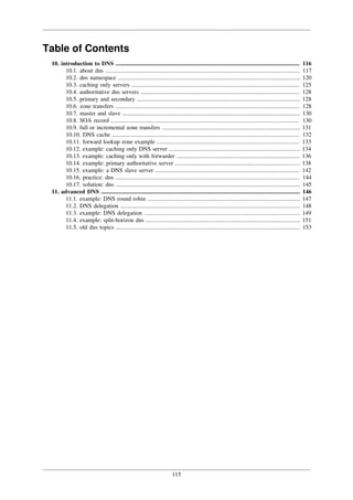 115
Table of Contents
10. introduction to DNS ............................................................................................................................ 116
10.1. about dns ................................................................................................................................... 117
10.2. dns namespace ........................................................................................................................... 120
10.3. caching only servers ................................................................................................................. 125
10.4. authoritative dns servers ........................................................................................................... 128
10.5. primary and secondary .............................................................................................................. 128
10.6. zone transfers ............................................................................................................................ 128
10.7. master and slave ........................................................................................................................ 130
10.8. SOA record ............................................................................................................................... 130
10.9. full or incremental zone transfers ............................................................................................. 131
10.10. DNS cache .............................................................................................................................. 132
10.11. forward lookup zone example ................................................................................................ 133
10.12. example: caching only DNS server ........................................................................................ 134
10.13. example: caching only with forwarder ................................................................................... 136
10.14. example: primary authoritative server .................................................................................... 138
10.15. example: a DNS slave server ................................................................................................. 142
10.16. practice: dns ............................................................................................................................ 144
10.17. solution: dns ............................................................................................................................ 145
11. advanced DNS ...................................................................................................................................... 146
11.1. example: DNS round robin ....................................................................................................... 147
11.2. DNS delegation ......................................................................................................................... 148
11.3. example: DNS delegation ......................................................................................................... 149
11.4. example: split-horizon dns ........................................................................................................ 151
11.5. old dns topics ............................................................................................................................ 153
 