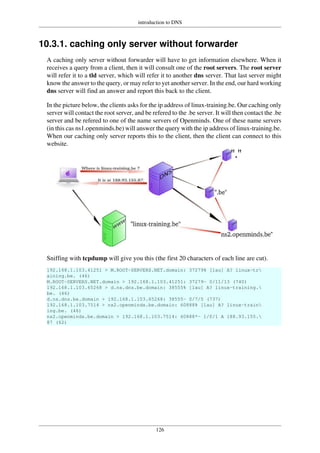 introduction to DNS
126
10.3.1. caching only server without forwarder
A caching only server without forwarder will have to get information elsewhere. When it
receives a query from a client, then it will consult one of the root servers. The root server
will refer it to a tld server, which will refer it to another dns server. That last server might
know the answer to the query, or may refer to yet another server. In the end, our hard working
dns server will find an answer and report this back to the client.
In the picture below, the clients asks for the ip address of linux-training.be. Our caching only
server will contact the root server, and be refered to the .be server. It will then contact the .be
server and be refered to one of the name servers of Openminds. One of these name servers
(in this cas ns1.openminds.be) will answer the query with the ip address of linux-training.be.
When our caching only server reports this to the client, then the client can connect to this
website.
Sniffing with tcpdump will give you this (the first 20 characters of each line are cut).
192.168.1.103.41251 > M.ROOT-SERVERS.NET.domain: 37279% [1au] A? linux-tr
aining.be. (46)
M.ROOT-SERVERS.NET.domain > 192.168.1.103.41251: 37279- 0/11/13 (740)
192.168.1.103.65268 > d.ns.dns.be.domain: 38555% [1au] A? linux-training.
be. (46)
d.ns.dns.be.domain > 192.168.1.103.65268: 38555- 0/7/5 (737)
192.168.1.103.7514 > ns2.openminds.be.domain: 60888% [1au] A? linux-train
ing.be. (46)
ns2.openminds.be.domain > 192.168.1.103.7514: 60888*- 1/0/1 A 188.93.155.
87 (62)
 