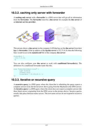 introduction to DNS
127
10.3.2. caching only server with forwarder
A caching only server with a forwarder is a DNS server that will get all its information
from the forwarder. The forwarder must be a dns server for example the dns server of
an internet service provider.
This picture shows a dns server on the company LAN that has set the dns server from their
isp as a forwarder. If the ip address of the isp dns server is 212.71.8.10, then the following
lines would occur in the named.conf file of the company dns server:
forwarders {
212.71.8.10;
};
You can also configure your dns server to work with conditional forwarder(s). The
definition of a conditional forwarder looks like this.
zone "someotherdomain.local" {
type forward;
forward only;
forwarders { 10.104.42.1; };
};
10.3.3. iterative or recursive query
A recursive query is a DNS query where the client that is submitting the query expects a
complete answer (Like the fat red arrow above going from the Macbook to the DNS server).
An iterative query is a DNS query where the client does not expect a complete answer (the
three black arrows originating from the DNS server in the picture above). Iterative queries
usually take place between name servers. The root name servers do not respond to recursive
queries.
 