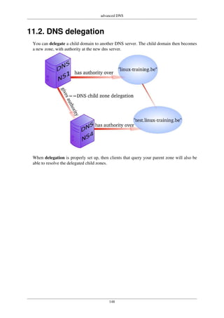 advanced DNS
148
11.2. DNS delegation
You can delegate a child domain to another DNS server. The child domain then becomes
a new zone, with authority at the new dns server.
When delegation is properly set up, then clients that query your parent zone will also be
able to resolve the delegated child zones.
 