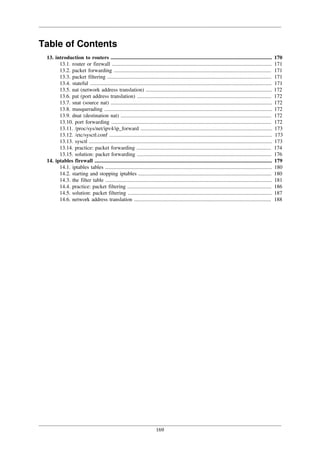 169
Table of Contents
13. introduction to routers ........................................................................................................................ 170
13.1. router or firewall ....................................................................................................................... 171
13.2. packet forwarding ..................................................................................................................... 171
13.3. packet filtering .......................................................................................................................... 171
13.4. stateful ....................................................................................................................................... 171
13.5. nat (network address translation) .............................................................................................. 172
13.6. pat (port address translation) .................................................................................................... 172
13.7. snat (source nat) ........................................................................................................................ 172
13.8. masquerading ............................................................................................................................. 172
13.9. dnat (destination nat) ................................................................................................................ 172
13.10. port forwarding ....................................................................................................................... 172
13.11. /proc/sys/net/ipv4/ip_forward .................................................................................................. 173
13.12. /etc/sysctl.conf ......................................................................................................................... 173
13.13. sysctl ........................................................................................................................................ 173
13.14. practice: packet forwarding .................................................................................................... 174
13.15. solution: packet forwarding .................................................................................................... 176
14. iptables firewall .................................................................................................................................... 179
14.1. iptables tables ............................................................................................................................ 180
14.2. starting and stopping iptables ................................................................................................... 180
14.3. the filter table ............................................................................................................................ 181
14.4. practice: packet filtering ........................................................................................................... 186
14.5. solution: packet filtering ........................................................................................................... 187
14.6. network address translation ...................................................................................................... 188
 