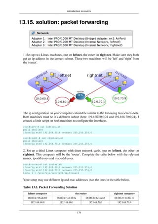 introduction to routers
176
13.15. solution: packet forwarding
1. Set up two Linux machines, one on leftnet, the other on rightnet. Make sure they both
get an ip-address in the correct subnet. These two machines will be 'left' and 'right' from
the 'router'.
The ip configuration on your computers should be similar to the following two screenshots.
Both machines must be in a different subnet (here 192.168.60.0/24 and 192.168.70.0/24). I
created a little script on both machines to configure the interfaces.
root@left~# cat leftnet.sh
pkill dhclient
ifconfig eth0 192.168.60.8 netmask 255.255.255.0
root@right~# cat rightnet.sh
pkill dhclient
ifconfig eth0 192.168.70.9 netmask 255.255.255.0
2. Set up a third Linux computer with three network cards, one on leftnet, the other on
rightnet. This computer will be the 'router'. Complete the table below with the relevant
names, ip-addresses and mac-addresses.
root@router~# cat router.sh
ifconfig eth1 192.168.60.1 netmask 255.255.255.0
ifconfig eth2 192.168.70.1 netmask 255.255.255.0
#echo 1 > /proc/sys/net/ipv4/ip_forward
Your setup may use different ip and mac addresses than the ones in the table below.
Table 13.2. Packet Forwarding Solution
leftnet computer the router rightnet computer
08:00:27:f6:ab:b9 08:00:27:43:1f:5a 08:00:27:be:4a:6b 08:00:27:14:8b:17
192.168.60.8 192.168.60.1 192.168.70.1 192.168.70.9
 