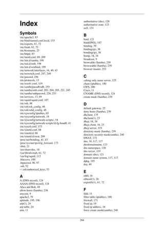 284
Index
Symbols
/etc/apache2, 83
/etc/bind/named.conf.local, 133
/etc/exports, 61, 72
/etc/fstab, 62, 72
/etc/hostname, 23
/etc/httpd, 83
/etc/inetd.conf, 69, 209
/etc/init.d/samba, 198
/etc/init.d/smb, 198
/etc/init.d/winbind, 199
/etc/network/interfaces, 16, 40, 43
/etc/nsswitch.conf, 247, 249
/etc/passwd, 256
/etc/protocols, 13
/etc/resolv.conf, 119
/etc/samba/passdb.tdb, 255
/etc/samba/smb.conf, 203, 204, 205, 221, 245
/etc/samba/smbpasswd, 226, 253
/etc/services, 13, 69
/etc/squid/squid.conf, 107
/etc/ssh, 48
/etc/ssh/ssh_config, 48
/etc/ssh/sshd_config, 48
/etc/sysconfig/iptables, 65
/etc/sysconfig/network, 18
/etc/sysconfig/network-scripts/, 18
/etc/sysconfig/network-scripts/ifcfg-bond0, 41
/etc/sysctl.conf, 173
/etc/xinetd.conf, 68
/etc/xinetd.d, 68
/etc/xinetd.d/swat, 209
/proc/net/bonding, 41, 43
/proc/sys/net/ipv4/ip_forward, 173
/sbin, 21
/usr/share/doc, 18
/var/lib/nfs/etab, 61, 72
/var/log/squid, 112
.htaccess, 100
.htpasswd, 90, 97
.ssh, 52
~/.ssh/authorized_keys, 53
A
A (DNS record), 124
AAAA (DNS record), 124
Alica and Bob, 49
allow hosts (Samba), 238
anycast, 9
apache2, 79
aptitude, 195, 196
arp(1), 24
arp table, 24
atm, 11
authoritative (dns), 128
authoritative zone, 123
axfr, 131
B
bind, 121
bind(DNS), 147
binding, 39
binding(ip), 38
bonding(ip), 38
bootp, 18, 34
broadcast, 9
browsable (Samba), 239
browseable (Samba), 239
browser master, 253
C
cahing only name server, 125
chain (iptables), 180
CIFS, 200
Cisco, 11
CNAME (DNS record), 124
create mask (Samba), 239
D
default gateway, 25
deny hosts (Samba), 239
dhclient, 175
dhclient(1), 23
dhcp, 18, 34
dhcp client, 16, 23
dhcp server, 119
directory mask (Samba), 239
directory security mask(samba), 240
DNAT, 172
dns, 34, 117, 117
dnsdomainname, 123
dns namespace, 120
dns server, 119
domain (dns), 121
domain name system, 117, 117
dpkg, 195
dsa, 49
E
eth0, 16
ethtool(1), 26
exportfs(1), 61, 72
F
fddi, 11
filter table (iptables), 180
firewall, 171
fixed ip, 19
fixed ip address, 16
force create mode(samba), 240
 