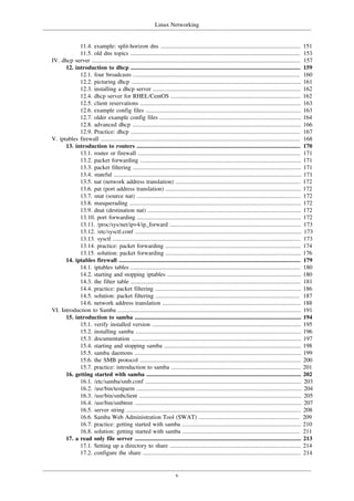 Linux Networking
v
11.4. example: split-horizon dns .............................................................................................. 151
11.5. old dns topics .................................................................................................................. 153
IV. dhcp server ............................................................................................................................................ 157
12. introduction to dhcp .................................................................................................................. 159
12.1. four broadcasts ................................................................................................................ 160
12.2. picturing dhcp .................................................................................................................. 161
12.3. installing a dhcp server ................................................................................................... 162
12.4. dhcp server for RHEL/CentOS ....................................................................................... 162
12.5. client reservations ............................................................................................................ 163
12.6. example config files ........................................................................................................ 163
12.7. older example config files ............................................................................................... 164
12.8. advanced dhcp ................................................................................................................. 166
12.9. Practice: dhcp .................................................................................................................. 167
V. iptables firewall ...................................................................................................................................... 168
13. introduction to routers .............................................................................................................. 170
13.1. router or firewall ............................................................................................................. 171
13.2. packet forwarding ............................................................................................................ 171
13.3. packet filtering ................................................................................................................. 171
13.4. stateful .............................................................................................................................. 171
13.5. nat (network address translation) .................................................................................... 172
13.6. pat (port address translation) ........................................................................................... 172
13.7. snat (source nat) .............................................................................................................. 172
13.8. masquerading ................................................................................................................... 172
13.9. dnat (destination nat) ....................................................................................................... 172
13.10. port forwarding .............................................................................................................. 172
13.11. /proc/sys/net/ipv4/ip_forward ........................................................................................ 173
13.12. /etc/sysctl.conf ................................................................................................................ 173
13.13. sysctl .............................................................................................................................. 173
13.14. practice: packet forwarding ........................................................................................... 174
13.15. solution: packet forwarding ........................................................................................... 176
14. iptables firewall .......................................................................................................................... 179
14.1. iptables tables .................................................................................................................. 180
14.2. starting and stopping iptables .......................................................................................... 180
14.3. the filter table .................................................................................................................. 181
14.4. practice: packet filtering .................................................................................................. 186
14.5. solution: packet filtering ................................................................................................. 187
14.6. network address translation ............................................................................................. 188
VI. Introduction to Samba ........................................................................................................................... 191
15. introduction to samba ................................................................................................................ 194
15.1. verify installed version .................................................................................................... 195
15.2. installing samba ............................................................................................................... 196
15.3. documentation .................................................................................................................. 197
15.4. starting and stopping samba ............................................................................................ 198
15.5. samba daemons ................................................................................................................ 199
15.6. the SMB protocol ............................................................................................................ 200
15.7. practice: introduction to samba ....................................................................................... 201
16. getting started with samba ........................................................................................................ 202
16.1. /etc/samba/smb.conf ......................................................................................................... 203
16.2. /usr/bin/testparm ............................................................................................................... 204
16.3. /usr/bin/smbclient ............................................................................................................. 205
16.4. /usr/bin/smbtree ................................................................................................................ 207
16.5. server string ..................................................................................................................... 208
16.6. Samba Web Administration Tool (SWAT) .................................................................... 209
16.7. practice: getting started with samba ................................................................................ 210
16.8. solution: getting started with samba ............................................................................... 211
17. a read only file server ................................................................................................................ 213
17.1. Setting up a directory to share ........................................................................................ 214
17.2. configure the share .......................................................................................................... 214
 