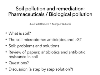 Soil pollution and remediation:
Pharmaceuticals / Biological pollution
Juan VillaRomero & Morgan Williams

What is soil?

The soil microbiome: antibiotics and LGT

Soil: problems and solutions

Review of papers: antibiotics and antibiotic
resistance in soil

Questions?

Discussion (a step by step solution?)
 