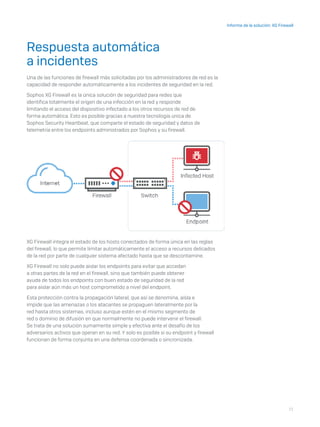 21
Informe de la solución: XG Firewall
Respuesta automática
a incidentes
Una de las funciones de firewall más solicitadas por los administradores de red es la
capacidad de responder automáticamente a los incidentes de seguridad en la red.
Sophos XG Firewall es la única solución de seguridad para redes que
identifica totalmente el origen de una infección en la red y responde
limitando el acceso del dispositivo infectado a los otros recursos de red de
forma automática. Esto es posible gracias a nuestra tecnología única de
Sophos Security Heartbeat, que comparte el estado de seguridad y datos de
telemetría entre los endpoints administrados por Sophos y su firewall.
XG Firewall integra el estado de los hosts conectados de forma única en las reglas
del firewall, lo que permite limitar automáticamente el acceso a recursos delicados
de la red por parte de cualquier sistema afectado hasta que se descontamine.
XG Firewall no solo puede aislar los endpoints para evitar que accedan
a otras partes de la red en el firewall, sino que también puede obtener
ayuda de todos los endpoints con buen estado de seguridad de la red
para aislar aún más un host comprometido a nivel del endpoint.
Esta protección contra la propagación lateral, que así se denomina, aísla e
impide que las amenazas o los atacantes se propaguen lateralmente por la
red hasta otros sistemas, incluso aunque estén en el mismo segmento de
red o dominio de difusión en que normalmente no puede intervenir el firewall.
Se trata de una solución sumamente simple y efectiva ante el desafío de los
adversarios activos que operan en su red. Y solo es posible si su endpoint y firewall
funcionan de forma conjunta en una defensa coordenada o sincronizada.
 