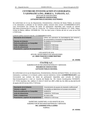 60 (Segunda Sección) DIARIO OFICIAL Jueves 4 de agosto de 2016
CENTRO DE INVESTIGACION EN GEOGRAFIA
Y GEOMATICA ING. JORGE L. TAMAYO, A.C.
JEFATURA DE ADQUISICIONES
RESUMEN DE CONVOCATORIA
LICITACION PUBLICA NACIONAL ELECTRONICA
De conformidad con la Ley de Adquisiciones, Arrendamientos y Servicios del Sector Público, se convoca
a los interesados a participar en las licitación pública nacional mixta número LO-03890A999-E14-2016,
cuya Convocatoria que contiene las bases de participación disponibles para consulta en Internet:
http://www.compranet.gob.mx o bien en: Contoy No. 137, Colonia Lomas de Padierna, C.P. 14240, Tlalpan,
Ciudad de México, teléfono: 26152289 Ext. 1123, los días Lunes a Viernes del año en curso de las 9:00
a 18:00 horas.
Licitación pública nacional mixta No. LO-03890A999-E14-2016
Descripción de la licitación Edificio del Laboratorio de Geointeligencia del consorcio
de conocimiento e innovación en Aguascalientes.
Volumen de licitación Se detalla en la Convocatoria
Fecha de publicación en CompraNet 04/08/2016
Visita a instalaciones 09/08/2016 13:00 horas
Junta de aclaraciones 11/08/2016 11:00 horas
Presentación y apertura de proposiciones 19/08/2016 11:00 horas
4 DE AGOSTO DE 2016.
JEFA DEL DEPARTAMENTO DE ADQUISICIONES
LIC. OMAR FRANCISCO GOMEZ MARTINEZ
RUBRICA.
(R.- 435308)
CIATEQ A.C.
SUBDIRECCION DE RECURSOS MATERIALES Y SERVICIOS
RESUMEN DE CONVOCATORIA
LICITACION PUBLICA NACIONAL
De conformidad con la Ley de Adquisiciones, Arrendamientos y Servicios del Sector Público, se convoca a los
interesados a participar en la licitación pública nacional electrónica número LA-03890Y999-E6-2016 cuya
Convocatoria que contiene las bases de participación disponibles para consulta en Internet:
http://compranet.gob.mx o bien en: Avenida del Retablo No. 150, Colonia Constituyentes FOVISSSTE,
C.P. 76150, Querétaro, Qro., teléfono: 01 (442) 211-26-67 ext. 2667 y 2669, fax. Ext. 2604, los días del 04 al 09
de agosto del 2016 de las 9:00 a 17:00 horas.
Descripción de la licitación “Arrendamiento de equipos de impresión multifuncional"
Volumen a adquirir Los detalles se determinan en la propia convocatoria
Fecha de publicación en CompraNet 04/08/2016
Junta de aclaraciones 10/08/2016, 10:00 horas
Visita a instalaciones No habrá visita
Presentación y apertura de proposiciones 19/08/2016 10:00 horas
QUERETARO, QUERETARO, A 4 DE AGOSTO DE 2016.
SUBDIRECTOR DE RECURSOS MATERIALES Y SERVICIOS
ING. LEONARDO VITELA JUAREZ
RUBRICA.
(R.- 435304)
 