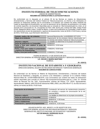62 (Segunda Sección) DIARIO OFICIAL Jueves 4 de agosto de 2016
INSTITUTO FEDERAL DE TELECOMUNICACIONES
UNIDAD DE ADMINISTRACION
RESUMEN DE CONVOCATORIA A LICITACION PUBLICA
De conformidad con lo dispuesto en el artículo 30 de las Normas en materia de Adquisiciones,
Arrendamientos y Servicios del Instituto Federal de Telecomunicaciones, se informa a los interesados en
participar en licitaciones públicas que la convocatoria a la licitación que contiene las bases mediante las
cuales se desarrollará el procedimiento, así como la descripción de los requisitos de participación y el modelo
de contrato específico, se encuentran disponibles para su consulta en: http://compranet.gob.mx o bien, en el
domicilio de la convocante en: Av. Insurgentes Sur Núm. 838, Quinto piso, Colonia Del Valle, Código Postal
03100, Delegación Benito Juárez, Ciudad de México, a partir de la publicación en CompraNet y hasta el sexto
día natural previo al acto de presentación y apertura de proposiciones, lunes de 09:00 a 18:30 horas y viernes
de 9:00 a 15:00 horas, cuya información relevante es:
Carácter, medio y No. de Licitación. Nacional Electrónica No. LA-043D00001-E77-2016
Objeto de la licitación. Diagramación de los procesos internos relacionados con
los trámites del Instituto Federal de Telecomunicaciones
Volumen a adquirir. Los detalles se determinan en la propia convocatoria
Fecha de publicación en CompraNet. 02/08/2016
Fecha y hora para celebrar la junta de
aclaraciones.
09/08/2016, 12:00 horas
Fecha y hora para realizar la presentación
y apertura de proposiciones.
17/08/2016, 10:00 horas
Fecha y hora para emitir el fallo. 31/08/2016, 17:00 horas
CIUDAD DE MEXICO, A 4 DE AGOSTO DE 2016.
DIRECTOR GENERAL DE ADQUISICIONES, RECURSOS MATERIALES Y SERVICIOS GENERALES
LIC. OSCAR E. IBARRA MARTINEZ
RUBRICA.
(R.- 435412)
INSTITUTO NACIONAL DE ESTADISTICA Y GEOGRAFIA
DIRECCION GENERAL ADJUNTA DE RECURSOS MATERIALES Y SERVICIOS GENERALES
RESUMEN DE CONVOCATORIA
De conformidad con las Normas en Materia de Adquisiciones, Arrendamientos y Servicios del Instituto
Nacional de Estadística y Geografía, se convoca a los interesados a participar en la Licitación Pública
Nacional Mixta No. LA-040100992-E26-2016, cuya Convocatoria que contiene las bases de participación
estarán disponibles para consulta en Internet: http://compranet.funcionpublica.gob.mx, o bien, en: Avenida
Héroe de Nacozari Sur No. 2301, Fraccionamiento Jardines del Parque, C.P. 20276, Aguascalientes,
Aguascalientes, teléfono: (449) 910-53-00 extensiones 4968 y 5653 y fax (449) 462-47-12, los días de lunes a
viernes, en horario de 09:00 a 16:00 horas.
Descripción de la licitación Contratación del servicio de mantenimiento preventivo
y/o correctivo a equipos de comunicación de la red
nacional INEGI
Volumen a adquirir Los detalles se determinan en la propia convocatoria
Fecha de publicación en CompraNet 01/08/2016
Junta de aclaraciones 09/08/2016, 11:00 horas
Visita a instalaciones No hay visita
Presentación y apertura de proposiciones 16/08/2016, 10:00 horas
AGUASCALIENTES, AGS., MEXICO, A 4 DE AGOSTO DE 2016.
DIRECTOR GENERAL ADJUNTO DE RECURSOS MATERIALES Y SERVICIOS
GENERALES DEL INSTITUTO NACIONAL DE ESTADISTICA Y GEOGRAFIA
VICTOR MANUEL RODRIGUEZ SILVA
RUBRICA.
(R.- 435303)
 