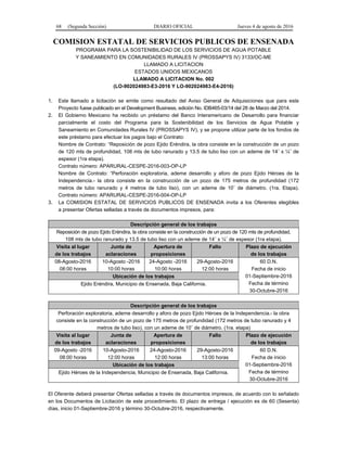 68 (Segunda Sección) DIARIO OFICIAL Jueves 4 de agosto de 2016
COMISION ESTATAL DE SERVICIOS PUBLICOS DE ENSENADA
PROGRAMA PARA LA SOSTENIBILIDAD DE LOS SERVICIOS DE AGUA POTABLE
Y SANEAMIENTO EN COMUNIDADES RURALES IV (PROSSAPYS IV) 3133/OC-ME
LLAMADO A LICITACION
ESTADOS UNIDOS MEXICANOS
LLAMADO A LICITACION No. 002
(LO-902024983-E3-2016 Y LO-902024983-E4-2016)
1. Este llamado a licitación se emite como resultado del Aviso General de Adquisiciones que para este
Proyecto fuese publicado en el Development Business, edición No. IDB465-03/14 del 28 de Marzo del 2014.
2. El Gobierno Mexicano ha recibido un préstamo del Banco Interamericano de Desarrollo para financiar
parcialmente el costo del Programa para la Sostenibilidad de los Servicios de Agua Potable y
Saneamiento en Comunidades Rurales IV (PROSSAPYS IV), y se propone utilizar parte de los fondos de
este préstamo para efectuar los pagos bajo el Contrato:
Nombre de Contrato: “Reposición de pozo Ejido Eréndira, la obra consiste en la construcción de un pozo
de 120 mts de profundidad, 108 mts de tubo ranurado y 13.5 de tubo liso con un ademe de 14¨ x ¼¨ de
espesor (1ra etapa).
Contrato número: APARURAL-CESPE-2016-003-OP-LP
Nombre de Contrato: “Perforación exploratoria, ademe desarrollo y aforo de pozo Ejido Héroes de la
Independencia.- la obra consiste en la construcción de un pozo de 175 metros de profundidad (172
metros de tubo ranurado y 4 metros de tubo liso), con un ademe de 10¨ de diámetro. (1ra. Etapa).
Contrato número: APARURAL-CESPE-2016-004-OP-LP
3. La COMISION ESTATAL DE SERVICIOS PUBLICOS DE ENSENADA invita a los Oferentes elegibles
a presentar Ofertas selladas a través de documentos impresos, para:
Descripción general de los trabajos
Reposición de pozo Ejido Eréndira, la obra consiste en la construcción de un pozo de 120 mts de profundidad,
108 mts de tubo ranurado y 13.5 de tubo liso con un ademe de 14¨ x ¼¨ de espesor (1ra etapa).
Visita al lugar
de los trabajos
Junta de
aclaraciones
Apertura de
proposiciones
Fallo Plazo de ejecución
de los trabajos
08-Agosto-2016
08:00 horas
10-Agosto -2016
10:00 horas
24-Agosto -2016
10:00 horas
29-Agosto-2016
12:00 horas
60 D.N.
Fecha de inicio
01-Septiembre-2016
Fecha de término
30-Octubre-2016
Ubicación de los trabajos
Ejido Eréndira, Municipio de Ensenada, Baja California.
Descripción general de los trabajos
Perforación exploratoria, ademe desarrollo y aforo de pozo Ejido Héroes de la Independencia.- la obra
consiste en la construcción de un pozo de 175 metros de profundidad (172 metros de tubo ranurado y 4
metros de tubo liso), con un ademe de 10¨ de diámetro. (1ra. etapa)
Visita al lugar
de los trabajos
Junta de
aclaraciones
Apertura de
proposiciones
Fallo Plazo de ejecución
de los trabajos
09-Agosto -2016
08:00 horas
10-Agosto-2016
12:00 horas
24-Agosto-2016
12:00 horas
29-Agosto-2016
13:00 horas
60 D.N.
Fecha de inicio
01-Septiembre-2016
Fecha de término
30-Octubre-2016
Ubicación de los trabajos
Ejido Héroes de la Independencia, Municipio de Ensenada, Baja California.
El Oferente deberá presentar Ofertas selladas a través de documentos impresos, de acuerdo con lo señalado
en los Documentos de Licitación de este procedimiento. El plazo de entrega / ejecución es de 60 (Sesenta)
días, inicio 01-Septiembre-2016 y término 30-Octubre-2016, respectivamente.
 