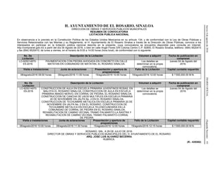 Jueves4deagostode2016DIARIOOFICIAL(SegundaSección)93
H. AYUNTAMIENTO DE EL ROSARIO, SINALOA
DIRECCION DE OBRAS Y SERVICIOS PUBLICOS MUNICIPALES
RESUMEN DE CONVOCATORIA
LICITACION PUBLICA NACIONAL
En observancia a lo previsto en la Constitución Política de los Estados Unidos Mexicanos en su artículo 134, y de conformidad con la Ley de Obras Públicas y
Servicios Relacionados con las Mismas y su Reglamento, el H. Ayuntamiento de El Rosario Sinaloa a través de la Dirección de Obras Públicas, convoca a los
interesados en participar en la licitación pública nacional descrita en la presente, cuya convocatoria se encuentra disponible para consulta en Internet:
http://compranet.gob.mx a partir del día 04 Agosto de 2016, o bien en calle Angel Flores S/N Colonia Centro C.P. 82800, El Rosario Sinaloa, teléfono: (694) 9520410
y fax (694) 9520410, de lunes a viernes, en el horario de 8:00 a 14:00 horas (hora local), de conformidad con lo siguiente:
No. De
Licitación
Descripción de la Licitación Volumen a adquirir Fecha de publicación en
compranet
LO-825014970-
E5-2016
PAVIMENTACION CON PIEDRA AHOGADA EN CONCRETO EN CALLE
MATATAN EN COMUNIDAD DE MATATAN, EL ROSARIO SINALOA.
Los detalles se
determinan en la propia
convocatoria.
Jueves 04 de Agosto del
2016.
Visita a instalaciones Junta de aclaraciones Presentación y apertura de
proposiciones
Fallo de la Licitación Capital contable requerido
08/agosto/2016 09:00 horas 09/agosto/2016 11:00 horas 15/agosto/2016 10:00 horas 19/agosto/2016 12:00 horas $ 1’000,000.00 M.N.
No. De
Licitación
Descripción de la Licitación Volumen a adquirir Fecha de publicación en
compranet
LO-825014970-
E6-2016
CONSTRUCCION DE AULA EN ESCUELA PRIMARIA JUVENTINOS ROSAS, EN
MALOYA EL ROSARIO SINALOA, CONSTRUCCION DE AULA EN ESCUELA
PRIMARIA AMADO NERVO, EN CORRAL DE PIEDRA, EL ROSARIO SINALOA,
CONSTRUCCION DE CANCHA DE USOS MULTIPLES EN ESCUELA PRIMARIA
20 DE NOVIEMBRE EN JALPA No. 2 EN EL ROSARIO SINALOA,
CONSTRUCCION DE TECHUMBRE METALICA EN ESCUELA PRIMARIA 20 DE
NOVIEMBRE EN JALPA No. 2 EN EL ROSARIO, CONSTRUCCION DE
TECHUMBRE METALICA EN ESCUELA TELESECUNDARIA EN LA
COMUNIDAD DE CORRAL DE PIEDRA EN EL ROSARIO SINALOA,
REHABILITACION DE CAMINO VECINAL TRAMO PALMARITO-LA RASTRA Y
REHABILITACION DE CAMINO VECINAL TRAMO PALMARITO-CORRAL
DE PIEDRA.
Los detalles se
determinan en la propia
convocatoria.
Jueves 04 de Agosto del
2016.
Visita a instalaciones Junta de aclaraciones Presentación y apertura de
proposiciones
Fallo de la Licitación Capital contable requerido
08/agosto/2016 10:00 horas 09/agosto/2016 11:30 horas 15/agosto/2016 12:00 horas 19/agosto/2016 12:15 horas $ 1’000,000.00 M.N.
ROSARIO, SIN., A 29 DE JULIO DE 2016.
DIRECTOR DE OBRAS Y SERVICIOS PUBLICOS MUNICIPALES DEL H. AYUNTAMIENTO DE EL ROSARIO
ARQ. JOSE LUIS ALVAREZ BECERRA
RUBRICA.
(R.- 435382)
 